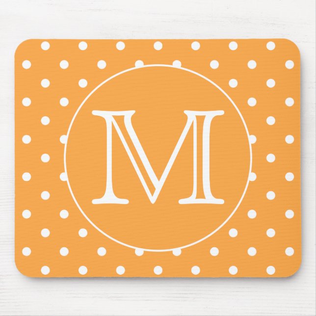 Custom Monogram. Orange and White Polka Dot. Mouse Mat (Front)
