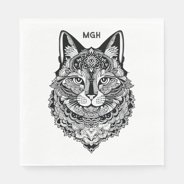 Custom Monogram Ornamental Cat Napkin (Front)