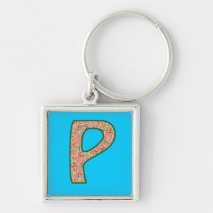 Custom Monogram P Keychain, Ditsy Floral Pattern Key Ring