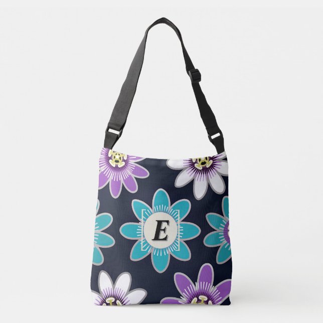 Custom Monogram Passion Flower Floral Crossbody Bag (Front)