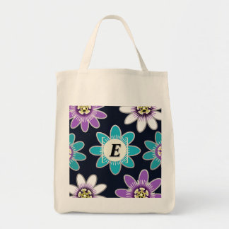 Custom Monogram Passion Flower Floral Grocery Bag