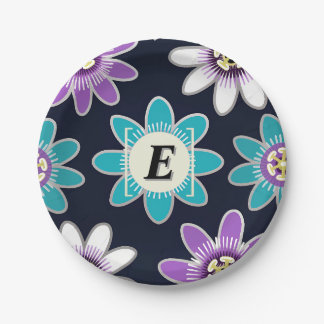 Custom Monogram Passion Flower Floral Pattern  Paper Plate