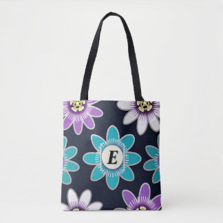 Custom Monogram Passion Flower Floral Shoulder Tote Bag