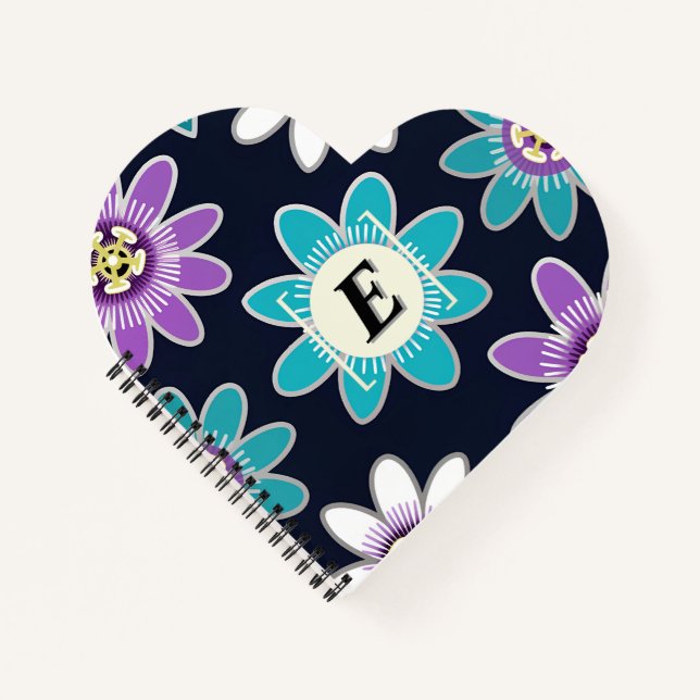Custom Monogram Passion Flower Pattern Heart Shape Notebook (Front)