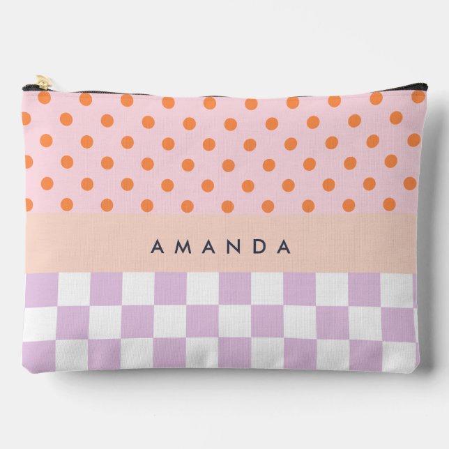 Custom Monogram Pastel Polka Dot Lilac Check Gifts Accessory Pouch (Front)