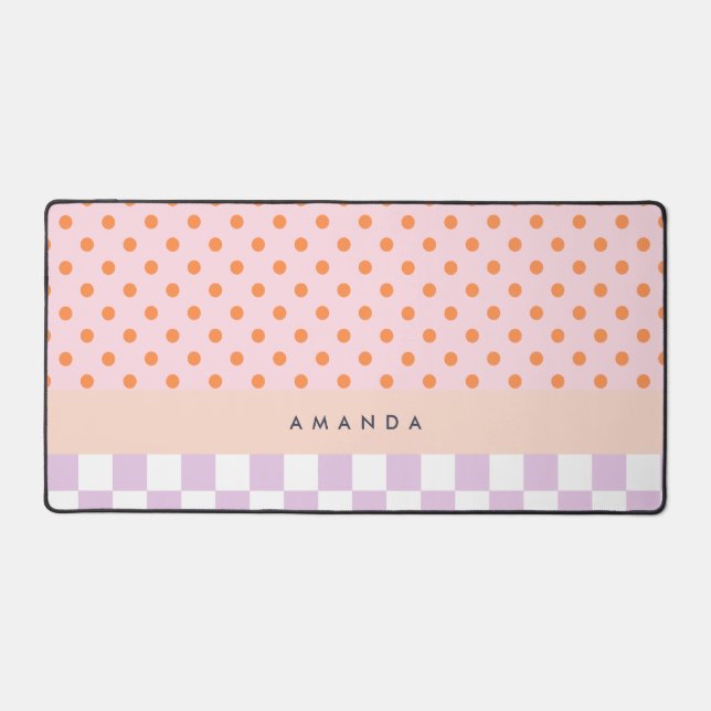 Custom Monogram Pastel Polka Dot Lilac Check Gifts Desk Mat (Front)