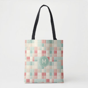Custom Monogram Pastels Pattern Faux Ceramic Tiles Tote Bag