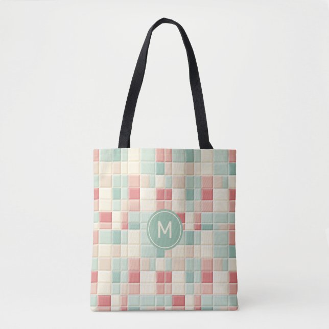 Custom Monogram Pastels Pattern Faux Ceramic Tiles Tote Bag (Front)