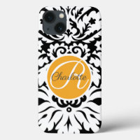 Custom Monogram Personalised Orange Black Damask