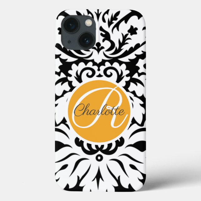 Custom Monogram Personalised Orange Black Damask Case-Mate iPhone Case (Back)