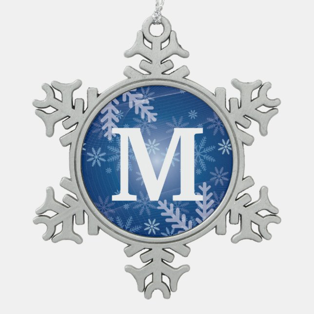 Custom Monogram Pewter Snowflake Xmas Ornaments (Front)