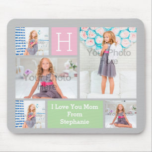 Custom Monogram Photo Collage Pink/Green/Grey Mouse Mat