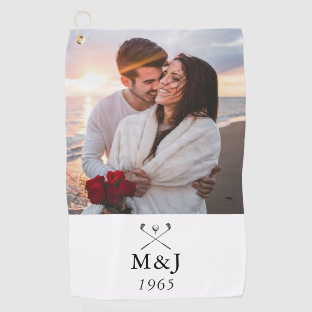 Custom Monogram Photo Wedding Anniversary Date Golf Towel (Front)