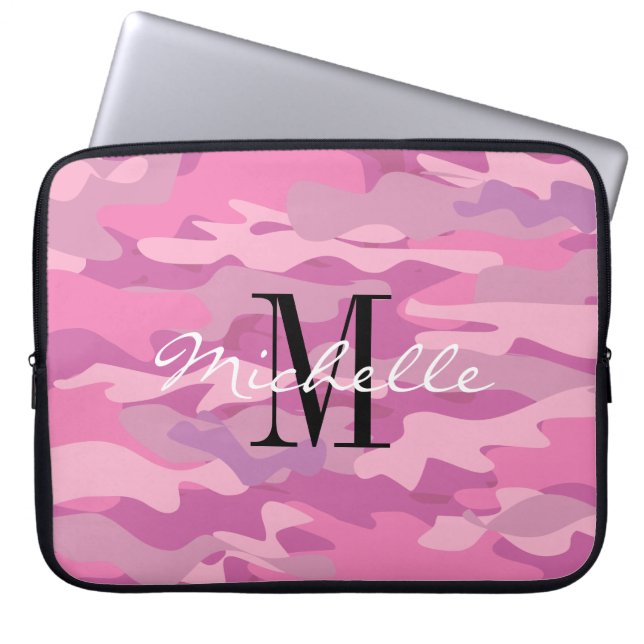 Custom monogram pink army camo laptop sleeve (Front)