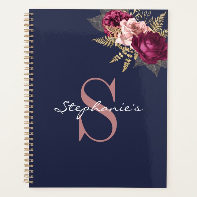 Custom Monogram Pink Burgundy Gold Floral  Planner (Front)