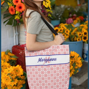 Custom Monogram Pink Checkerboard Floral Pattern Tote Bag
