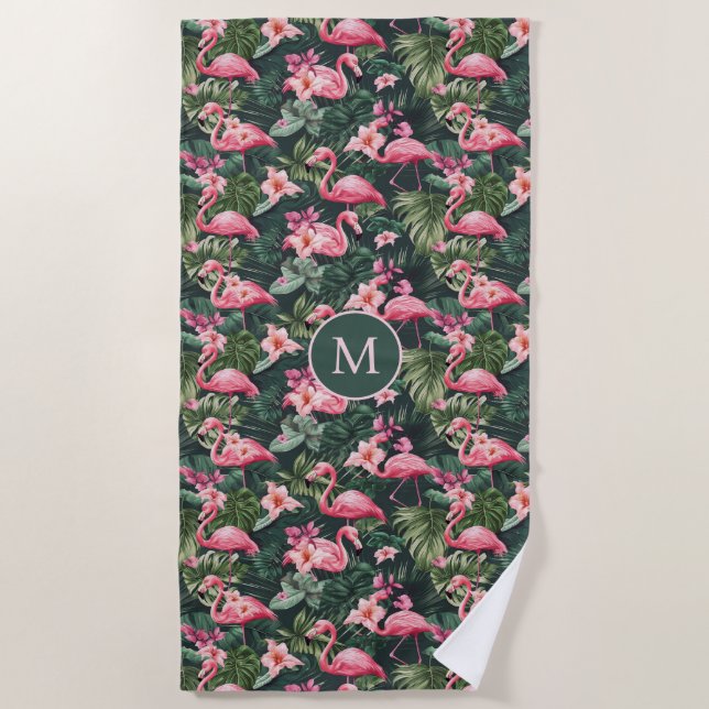 Custom Monogram Pink Flamingos Tropical Pattern Beach Towel (Front)