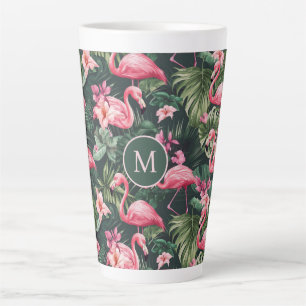Custom Monogram Pink Flamingos Tropical Pattern Latte Mug