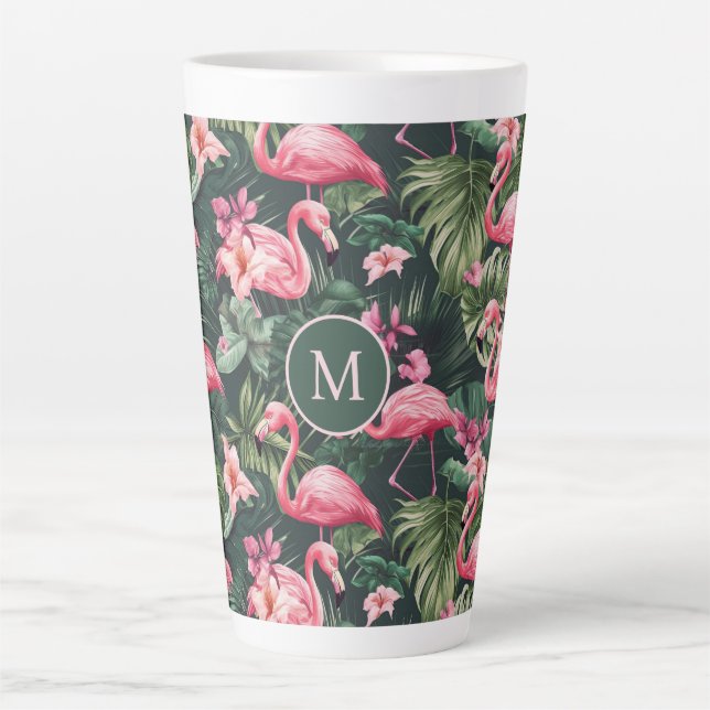 Custom Monogram Pink Flamingos Tropical Pattern Latte Mug (Front)