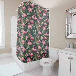 Custom Monogram Pink Flamingos Tropical Pattern Shower Curtain