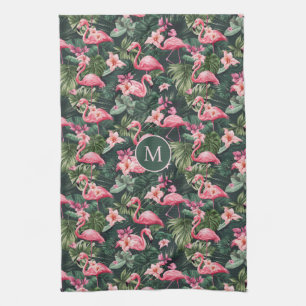 Custom Monogram Pink Flamingos Tropical Pattern Tea Towel