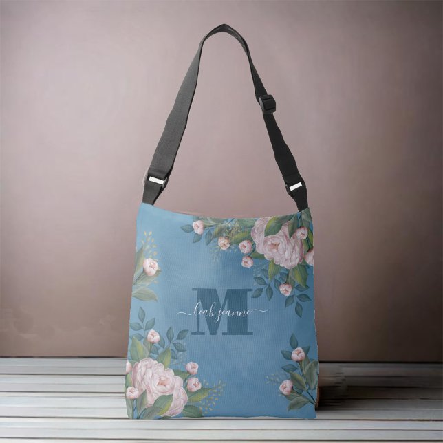 Custom Monogram Pink Floral Initial Crossbody Bag (Blue and pink vintage floral monogram shoulder bag.)