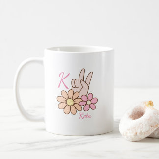 Custom Monogram Pink Floral Peace Sign Coffee Mug