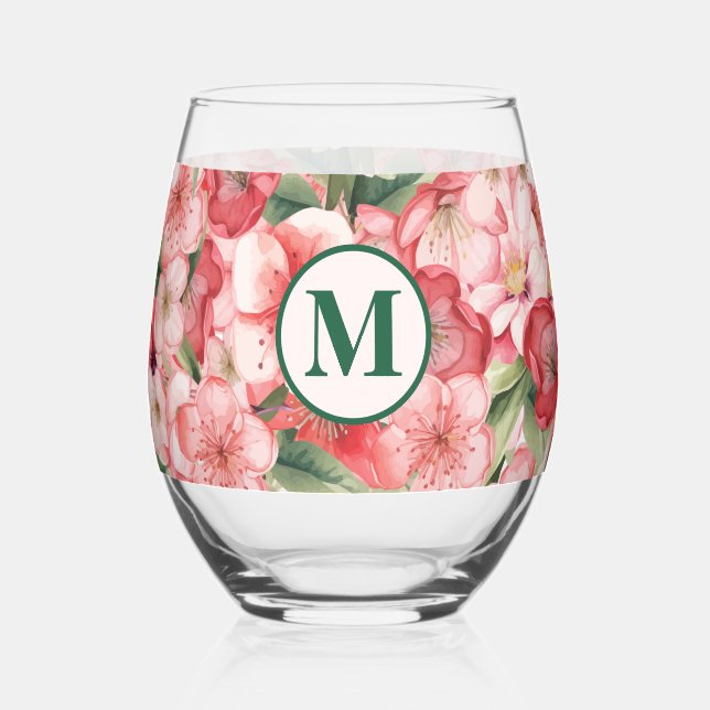 Custom Monogram Pink Floral Stemless Wine Glass (Front)