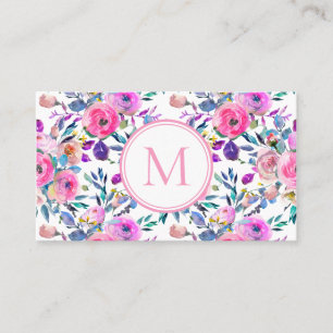 Custom Monogram Pink Floral Watercolor Business Card