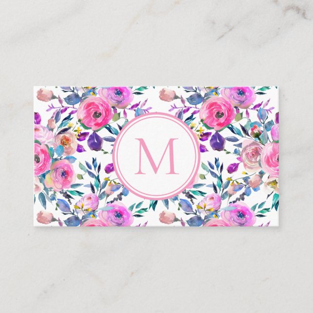 Custom Monogram Pink Floral Watercolor Business Card (Front)