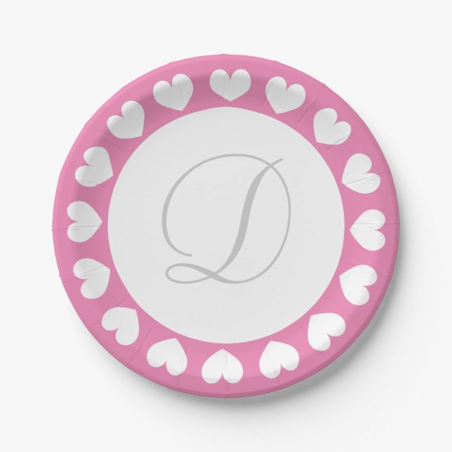 Custom monogram pink hearts paper party plates (Front)