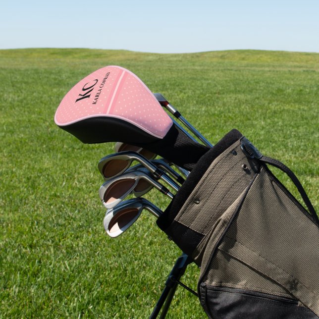 Custom Monogram Pink Hearts Stripes Minimal Golf Head Cover (In Situ)