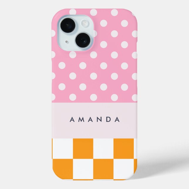 Custom Monogram Pink Orange Polka Dot Check Case-Mate iPhone Case (Back)