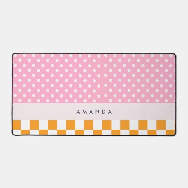 Custom Monogram Pink Orange Polka Dot Check Desk Mat (Front)
