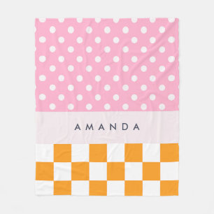 Custom Monogram Pink Orange Polka Dot Check Fleece Blanket