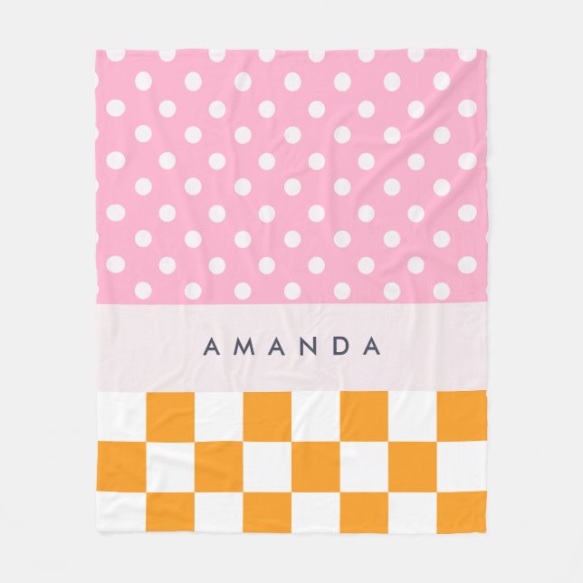 Custom Monogram Pink Orange Polka Dot Check Fleece Blanket (Front)