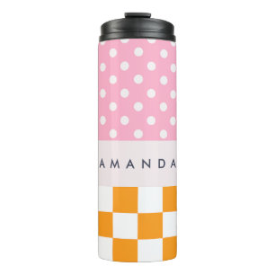 Custom Monogram Pink Orange Polka Dot Check Thermal Tumbler