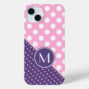 Custom Monogram, Pink, Purple And White Polka Dots iPhone 15 Mini Case