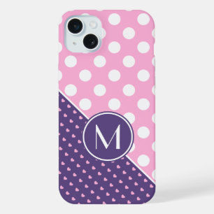 Custom Monogram, Pink, Purple And White Polka Dots iPhone 15 Plus Case