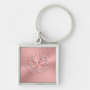 Custom Monogram, Pink, Scaly Dragon Heart Key Ring