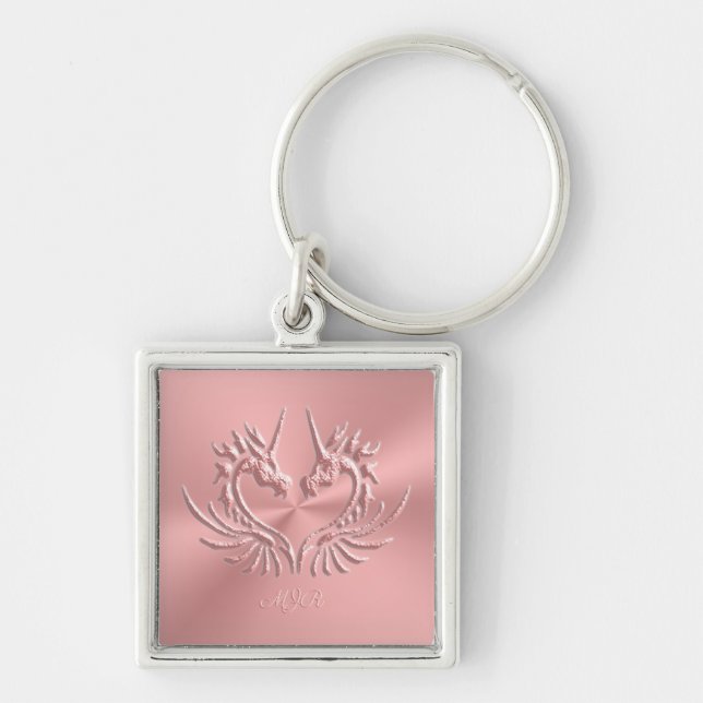 Custom Monogram, Pink, Scaly Dragon Heart Key Ring (Front)