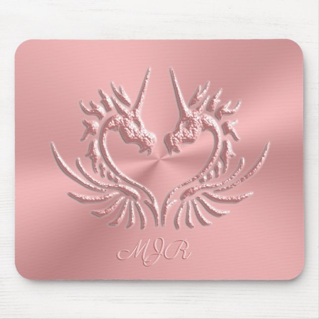 Custom Monogram, Pink Scaly Dragon Heart Mouse Mat (Front)