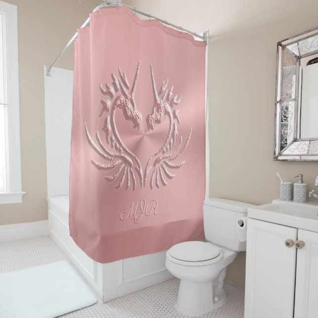 Custom Monogram, Pink, Scaly Dragon Heart Shower Curtain (In Situ)