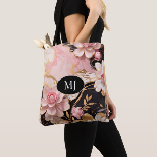Custom Monogram Pink White Gold Floral Tote Bag