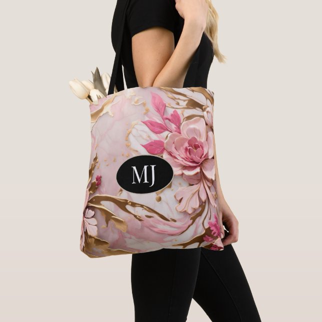Custom Monogram Pink White Gold Floral Tote Bag (Close Up)