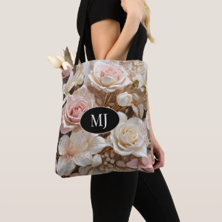 Custom Monogram Pink White Rose Floral Tote Bag
