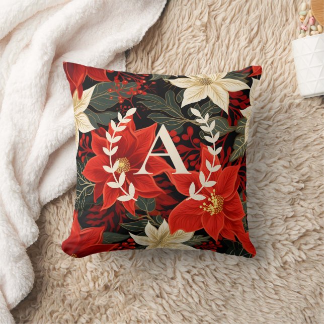 Custom Monogram Poinsettia Christmas Floral Cushion (Blanket)
