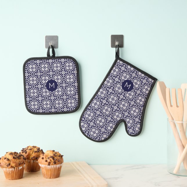 Custom Monogram Portugese Tiles Pattern Oven Mitt & Pot Holder Set (Insitu(Hanging))