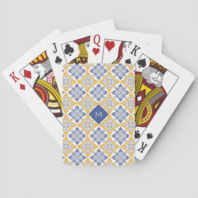 Custom Monogram Portugese Tiles Pattern Playing Cards (Back)
