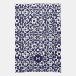 Custom Monogram Portugese Tiles Pattern Tea Towel